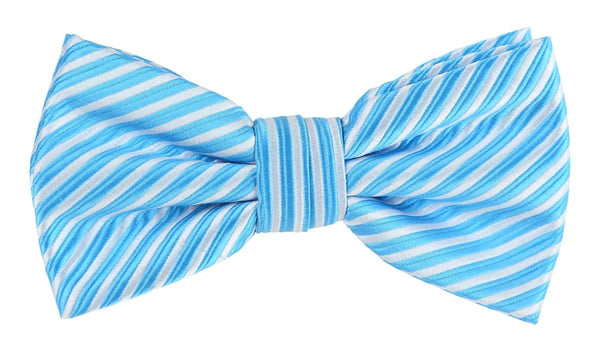 a turquoise blue and white striped bow tie