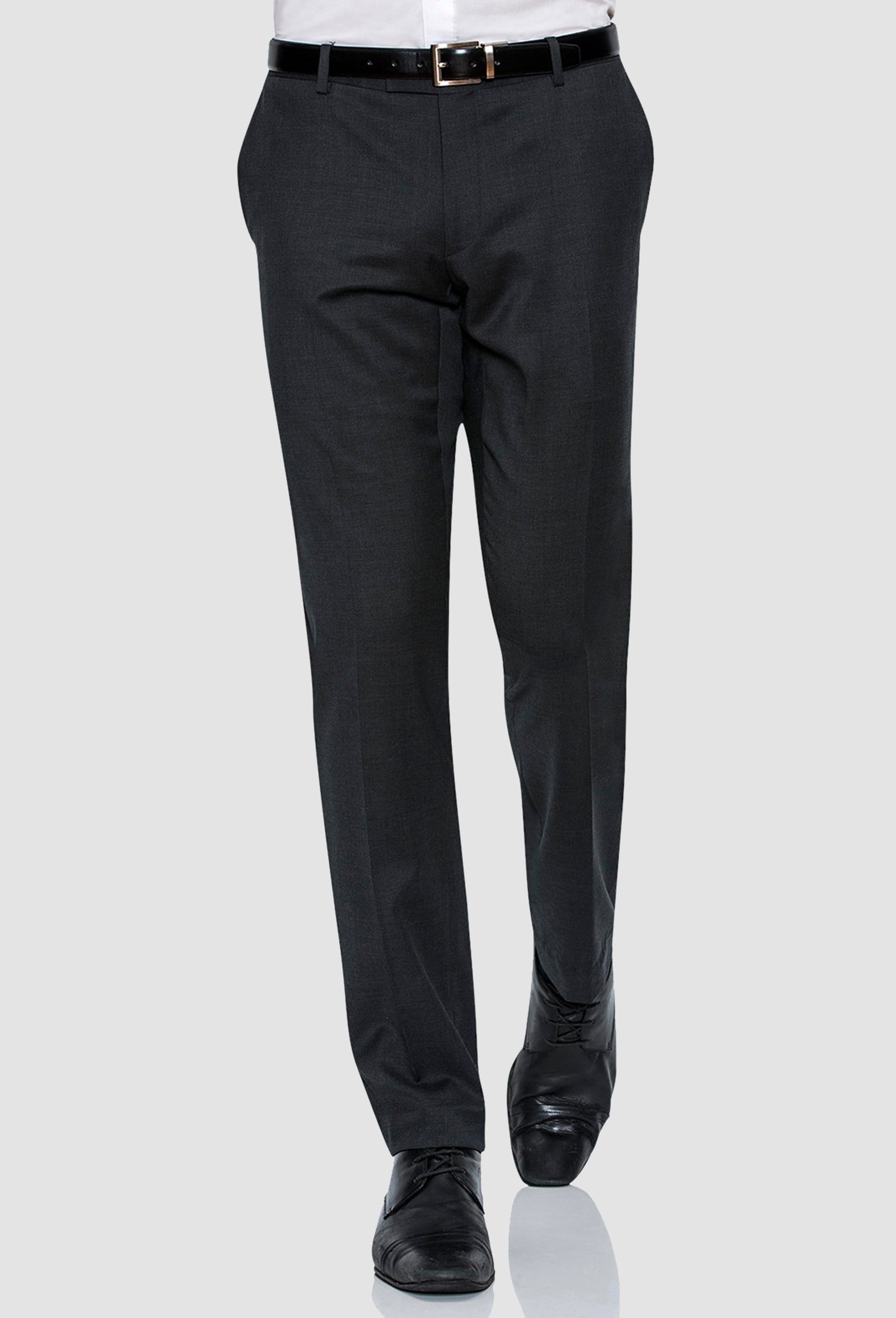 a model wearing the Joe Black slim fit razor trouser in charcoal pure wool
