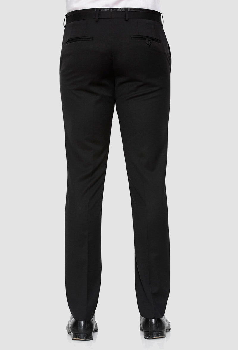 a back view of the Joe Black slim fit fortune evening trouser in black pure wool F6447