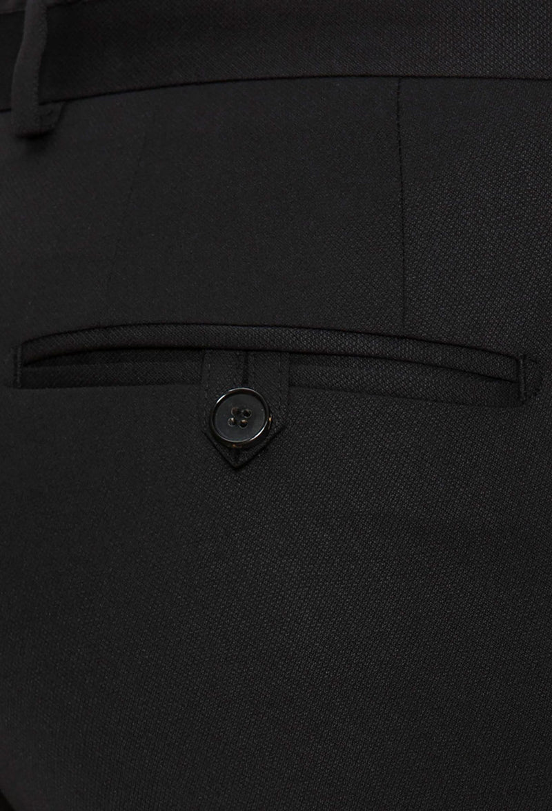 a close up view of back pocket detail on the Joe Black slim fit fortune evening trouser in black pure wool F6447