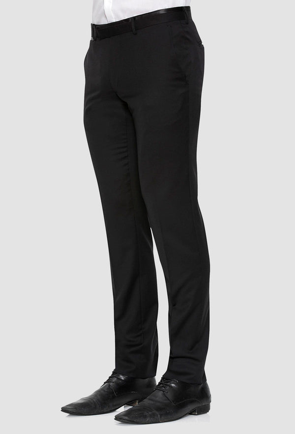 a side view of the Joe Black slim fit fortune evening trouser in black pure wool F6447 including the side entry pocket detail