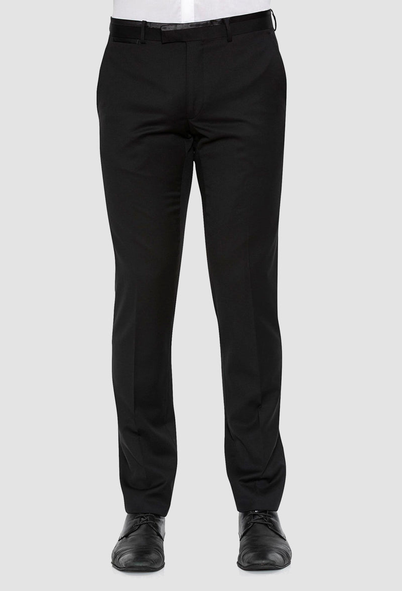 a front view of the Joe Black slim fit fortune evening trouser in black pure wool F6447 including the satin waistband detail