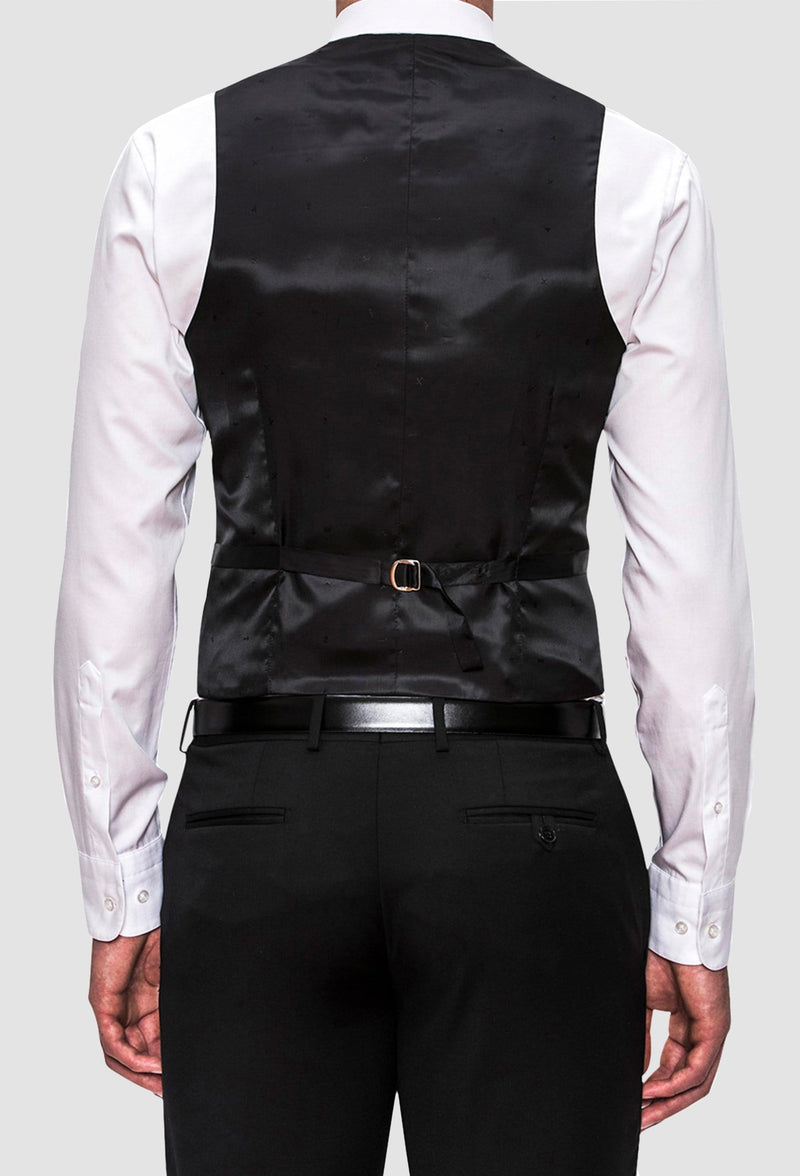 a back view of the Joe Black slim fit mail vest in black pure wool  including the tab adjuster details