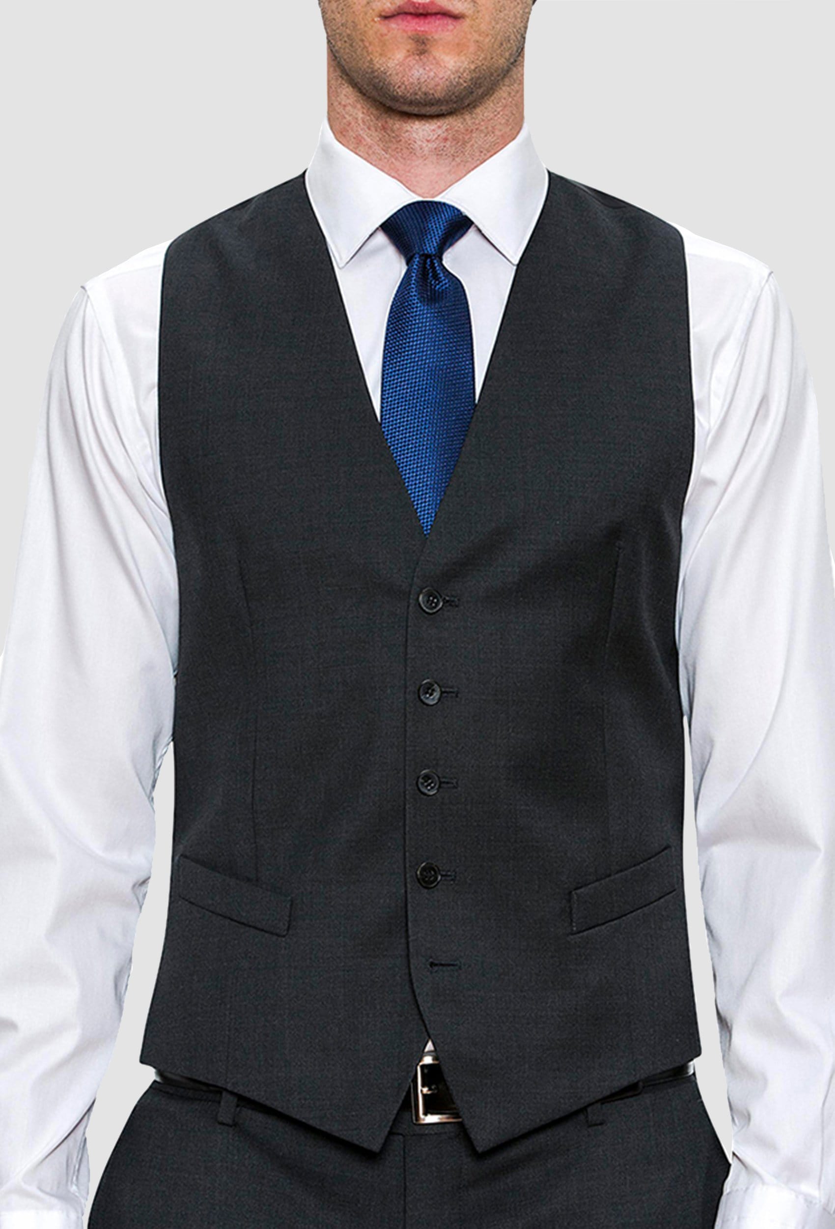 a close up view of the button details on the Joe Black slim fit mail vest in charcoal pure wool FCZ027