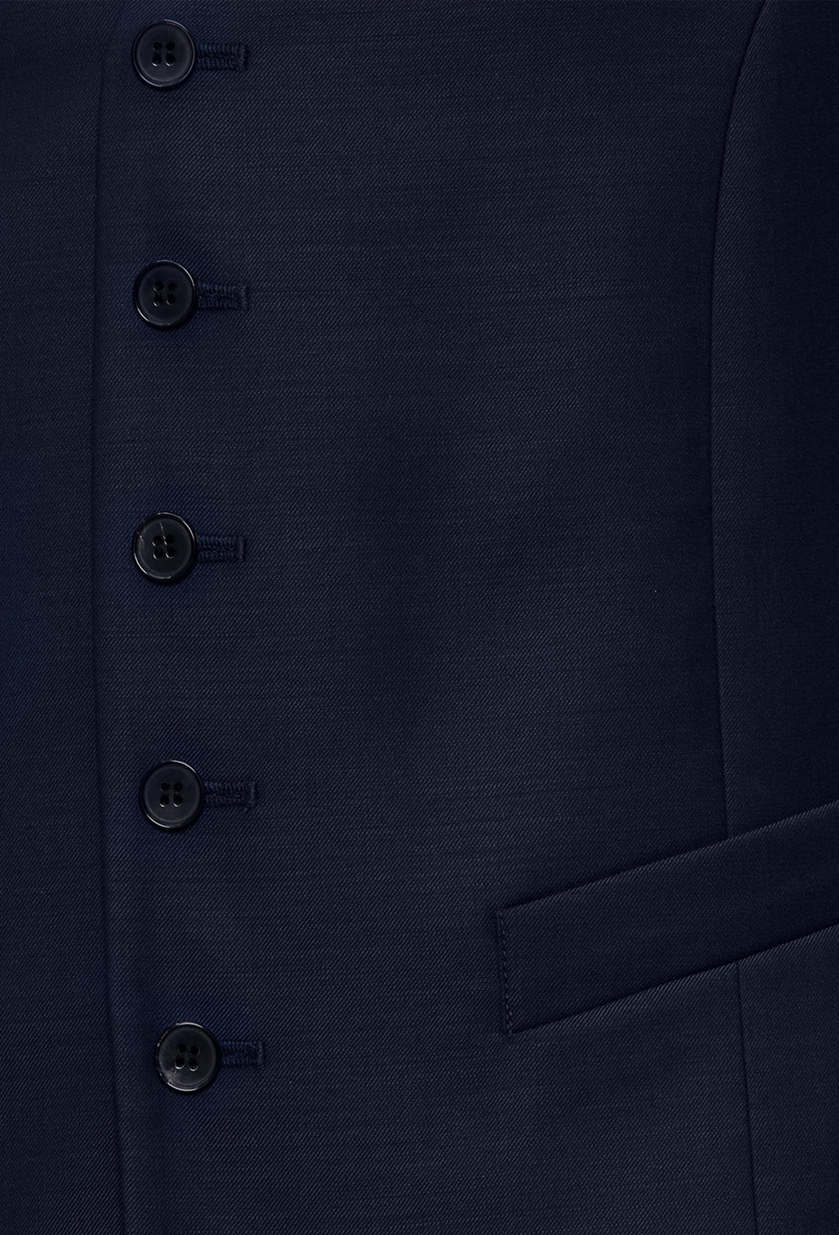 a close up view of the five button detail on the Joe Black slim fit mail vest in navy pure wool FJV032