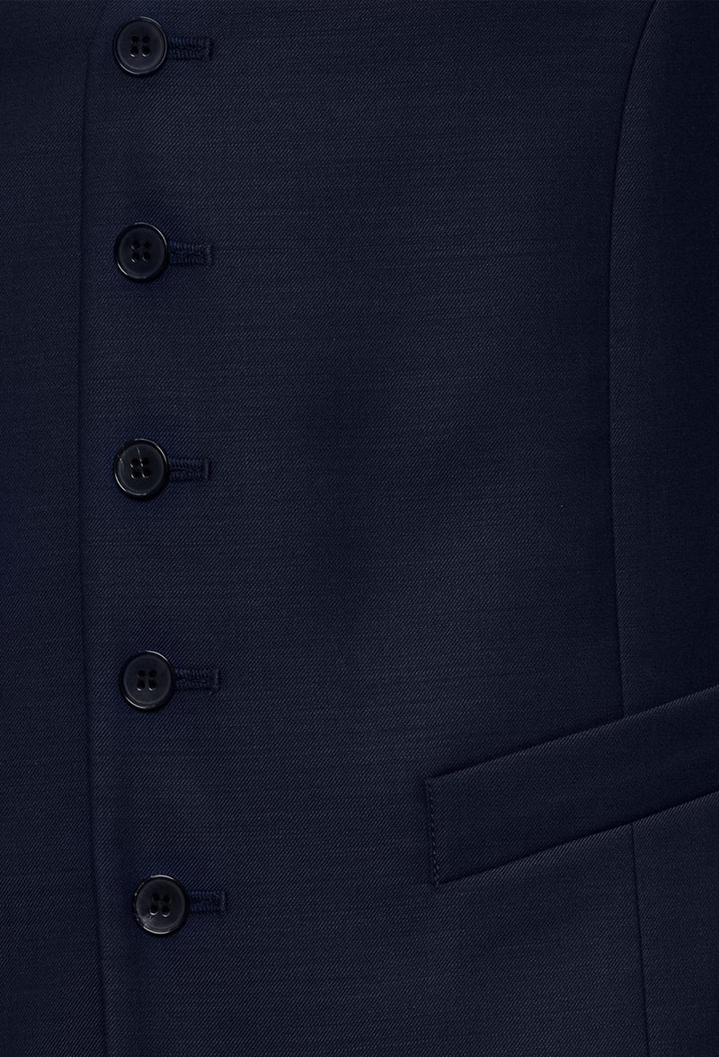 a close up view of the five button detail on the Joe Black slim fit mail vest in navy pure wool FJV032