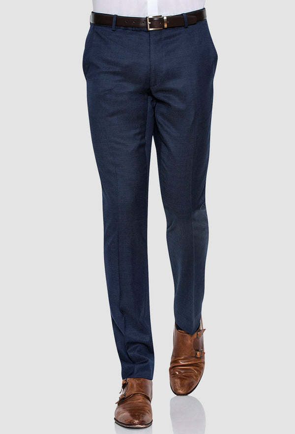 a frontal view of the Joe Black slim fit razor trouser in blue pure wool on a model walking