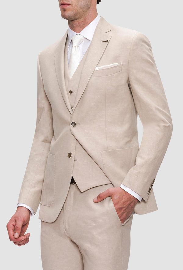 a close up view of the Joe Black slim fit quest suit in sand linen blend styled with a white shirt and tie