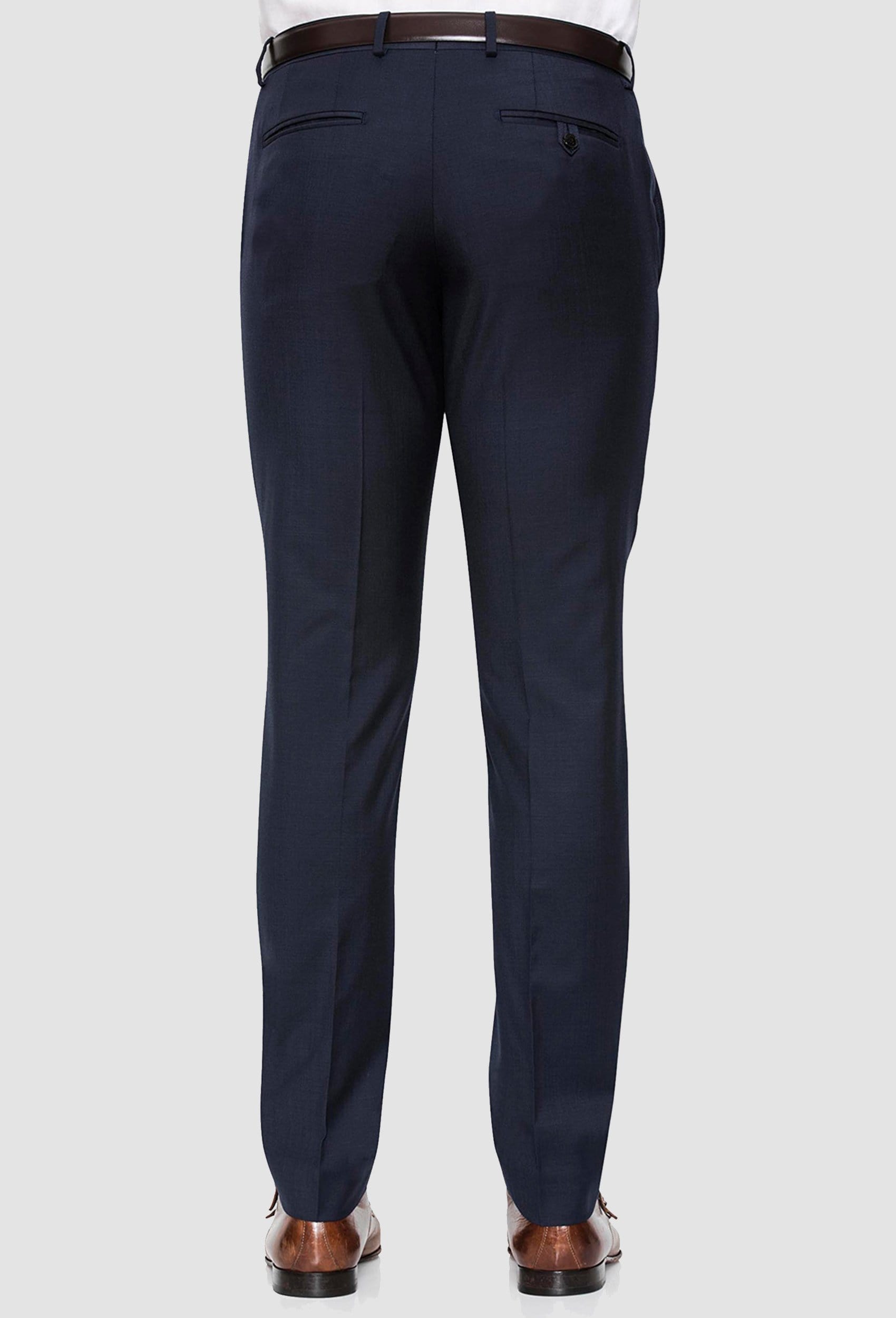 a rear view of the Joe Black slim fit razor trouser in navy pure wool