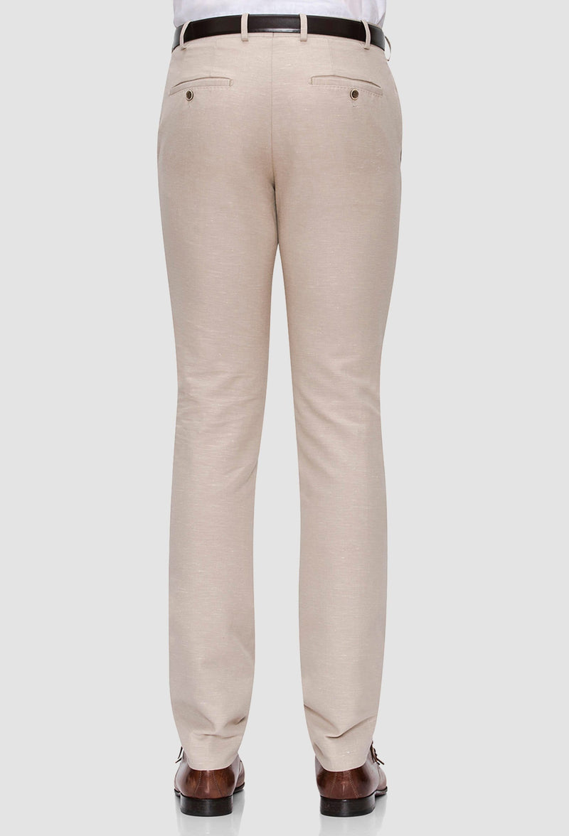A rear view of the Joe Black slim fit tourist sports trouser in sand linen blend