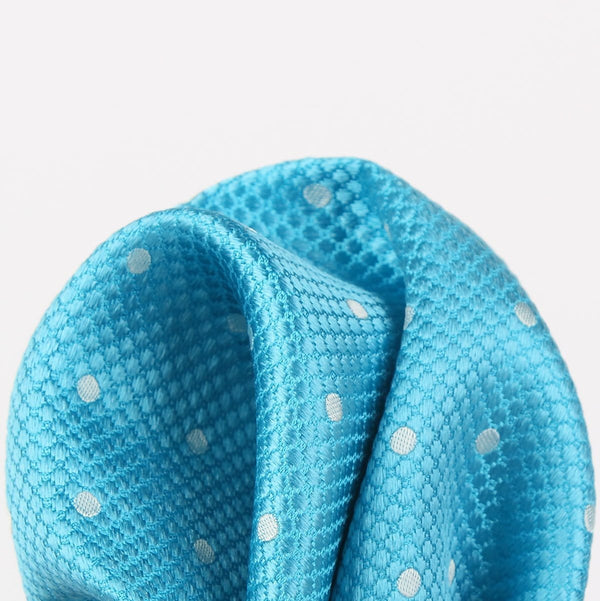 James Adelin Polka Dot Square Weave Pure Silk Pocket Square Turquoise and White