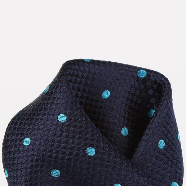 James Adelin Polka Dot Square Weave Pure Silk Pocket Square Navy and Turquoise