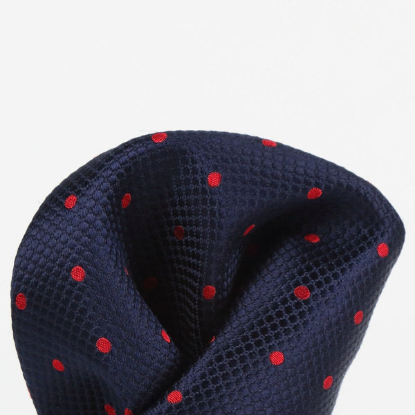James Adelin Polka Dot Square Weave Pure Silk Pocket Square Navy and Red