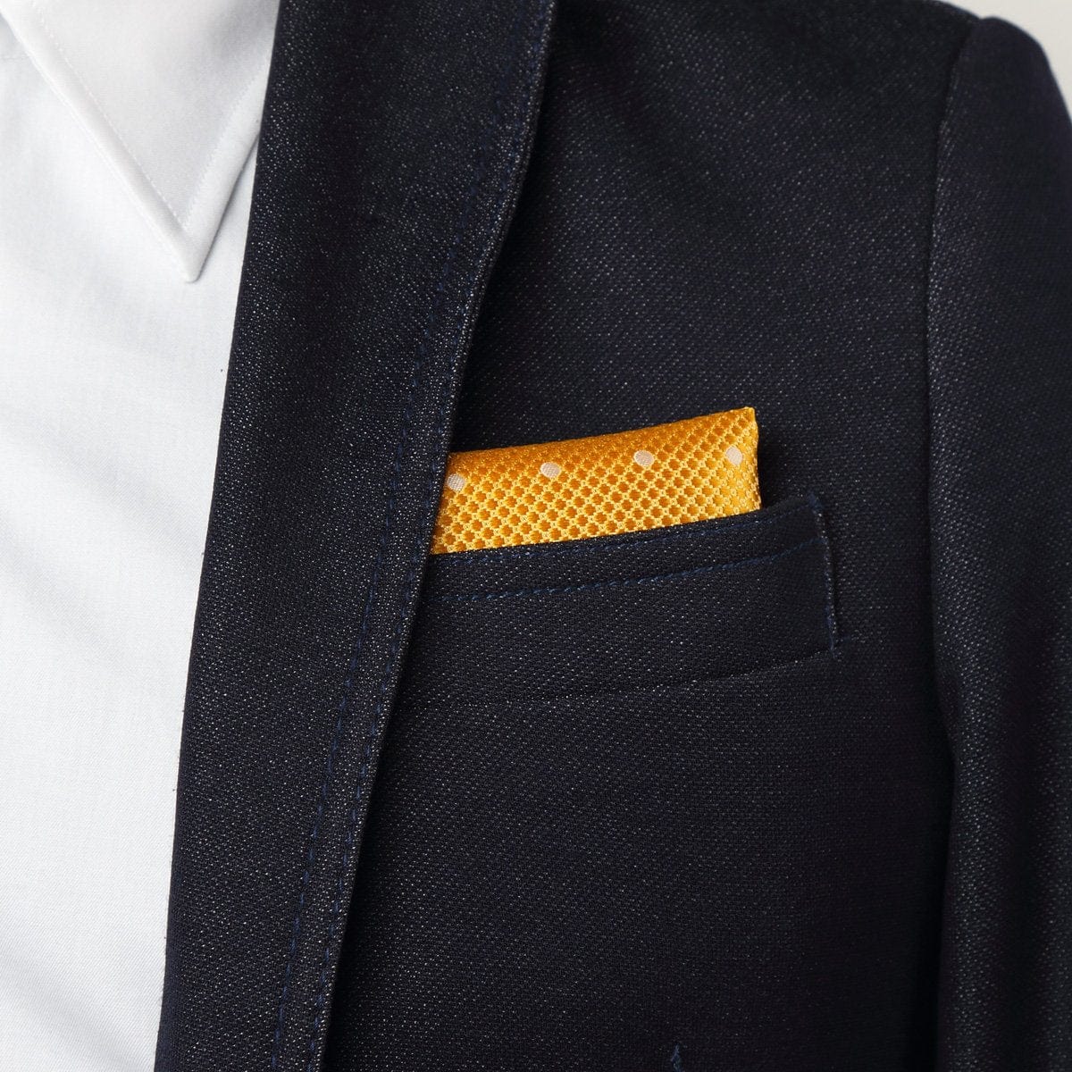 James Adelin Polka Dot Square Weave Pure Silk Pocket Square Gold and White