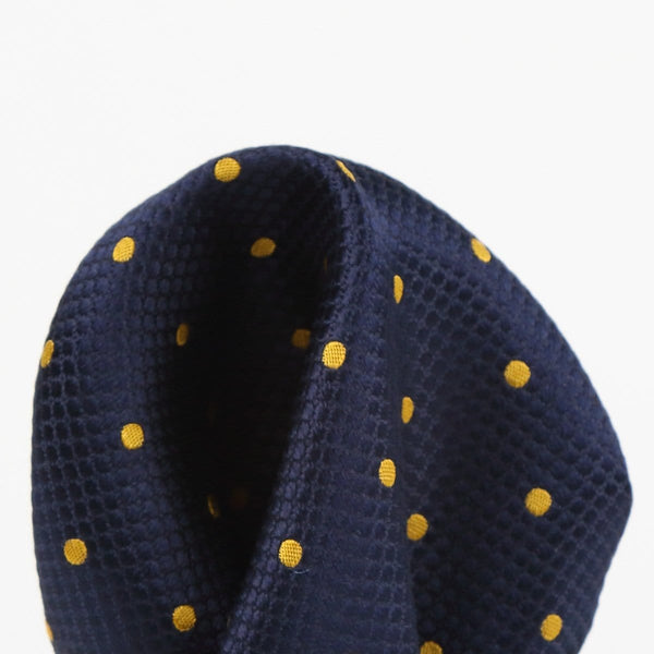 James Adelin Polka Dot Square Weave Pure Silk Pocket Square Navy and Gold