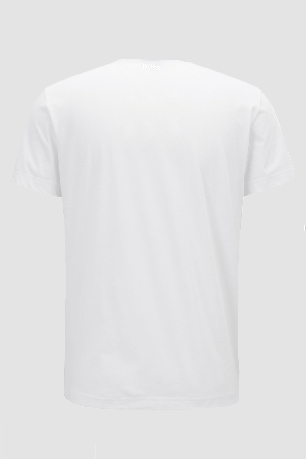 the plain back of the mens classic fit hugo boss white cotton t-shirt showing the crew neck and short sleeve fit
