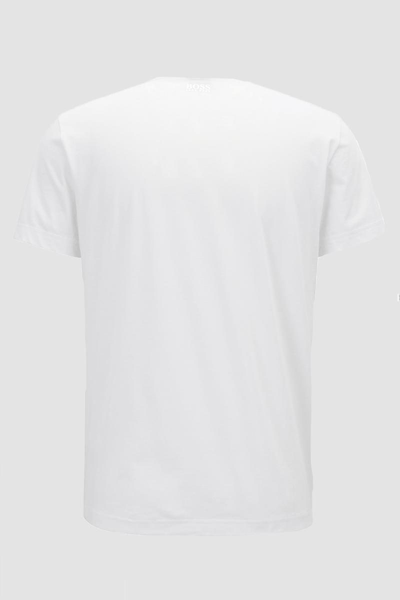 the plain back of the mens classic fit hugo boss white cotton t-shirt showing the crew neck and short sleeve fit