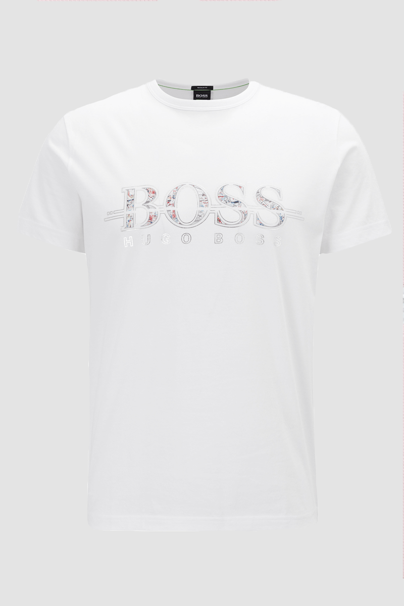 the front of the crew neck hugo boss t-shirt including a cut out logo with a tribal print inside reading the words boss hugo boss