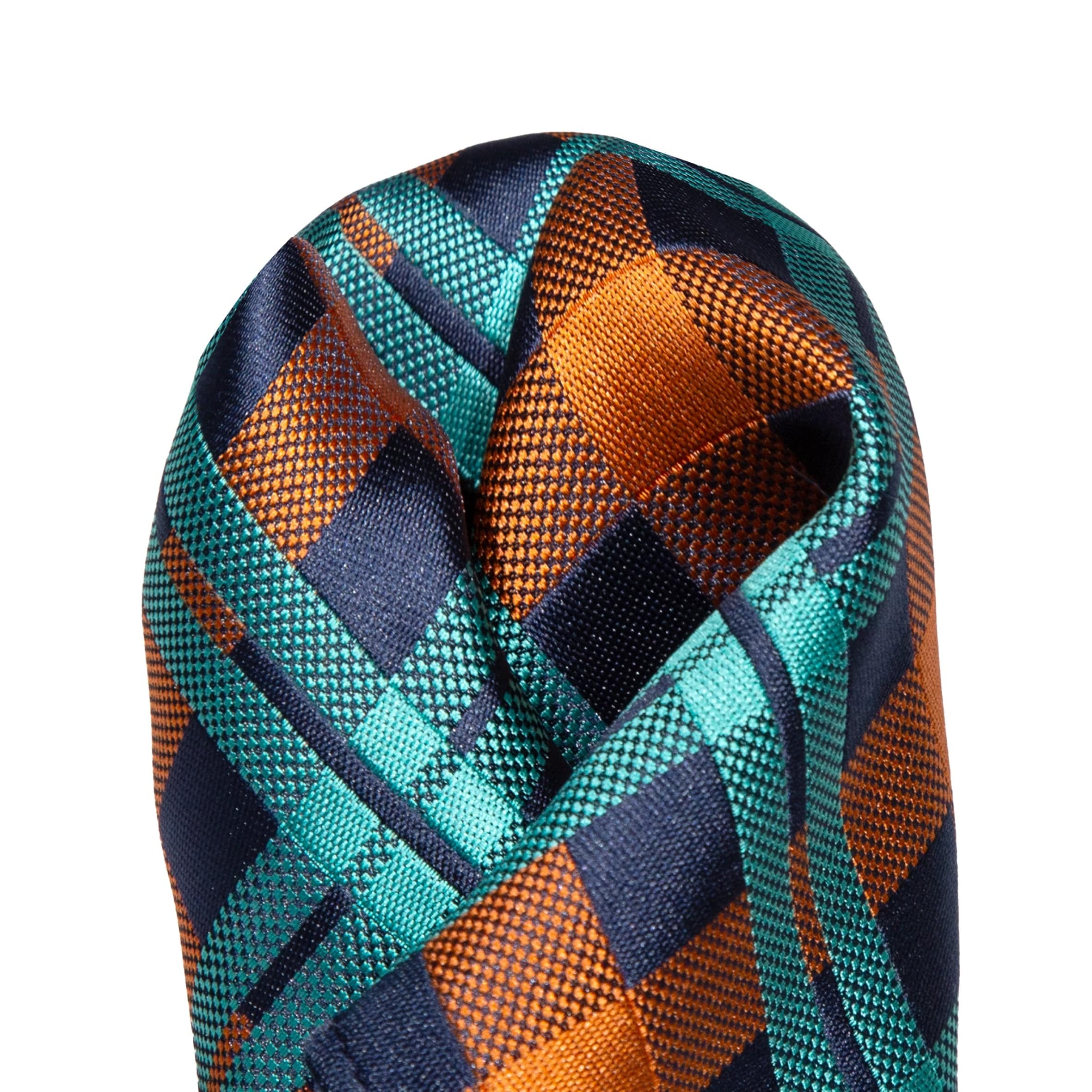 James Adelin Luxury Check Pocket Square in Navy, Orange and Aqua