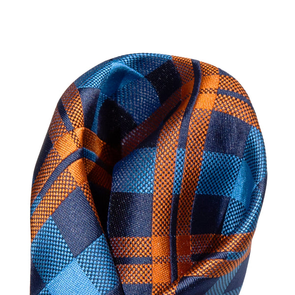 James Adelin Luxury Check Pocket Square in Navy, Blue and Orange