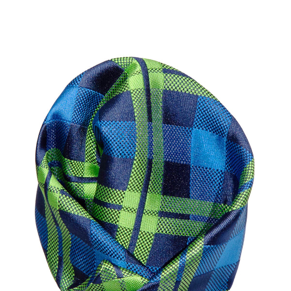 James Adelin Luxury Check Pocket Square in Navy, Royal and Lime Green