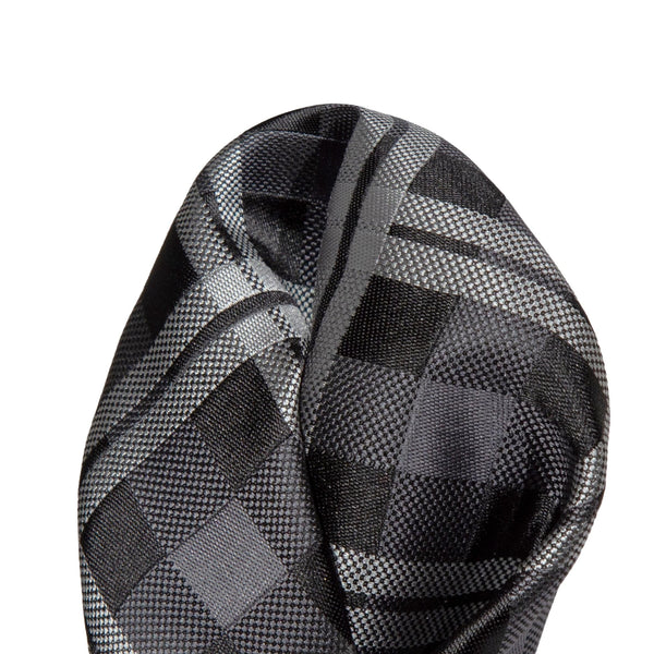 James Adelin Luxury Check Pocket Square in Black, Charcoal and Silver