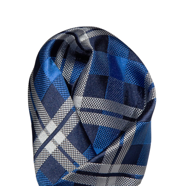 James Adelin Luxury Check Pocket Square in Navy, Royal and Silver