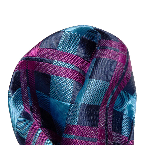 James Adelin Luxury Check Pocket Square in Navy, Turquoise and Magenta