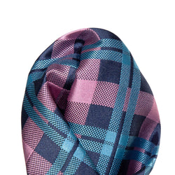 James Adelin Luxury Check Pocket Square in Navy, Pink and Turquoise