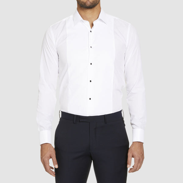 a front view of the Studio Italia slim fit marcel dinner shirt with regular collar in white showing the contrast buttons and bib collar