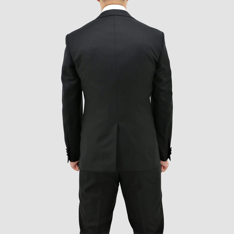 the rear vents on the Daniel Hechter slim fit jason tuxedo suit in black pure wool STDH106-01