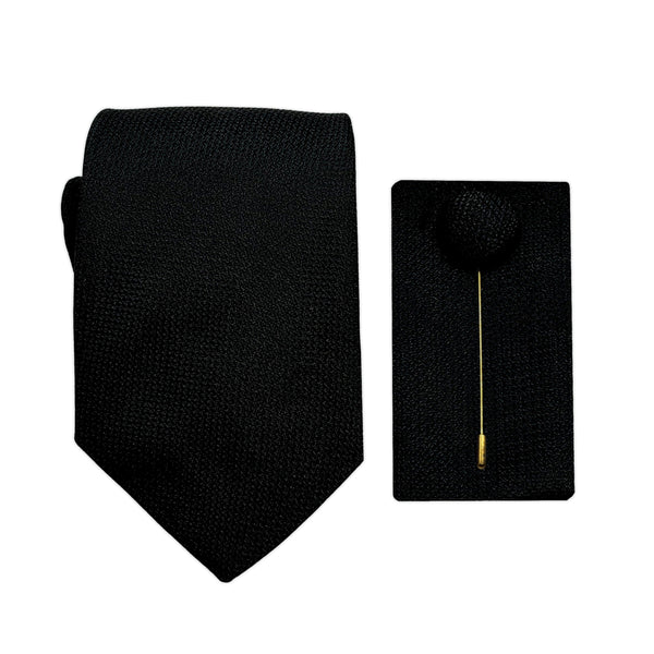 James Adelin Luxury Textured Weave 7.5cm Width Tie/Pocket Square/Lapel Pin Combo Set in Black