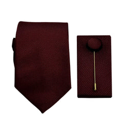 James Adelin Luxury Textured Weave 7.5cm Width Tie/Pocket Square/Lapel Pin Combo Set in Dark Burgundy