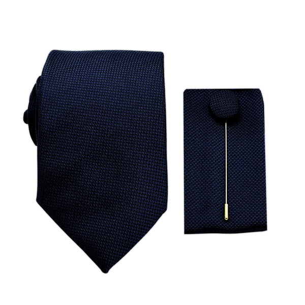 James Adelin Luxury Textured Weave 7.5cm Width Tie/Pocket Square/Lapel Pin Combo Set in Midnight  Blue