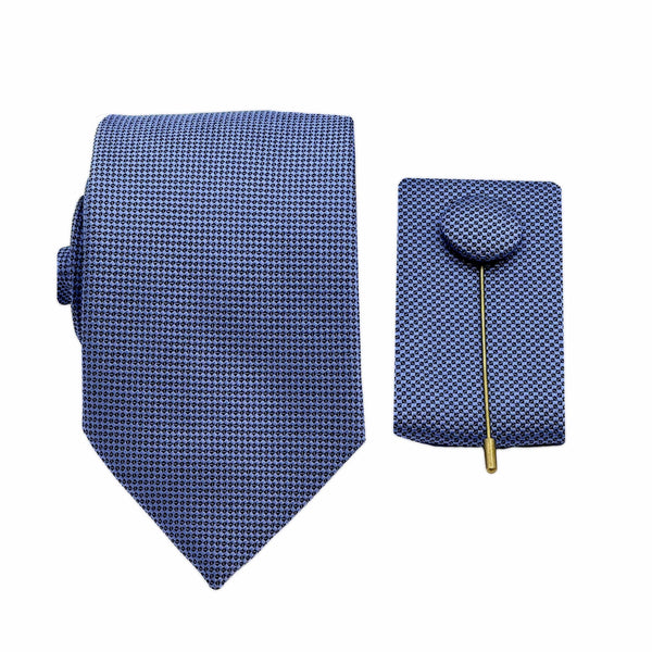 James Adelin Luxury Textured Weave 7.5cm Width Tie/Pocket Square/Lapel Pin Combo Set in Steel Blue