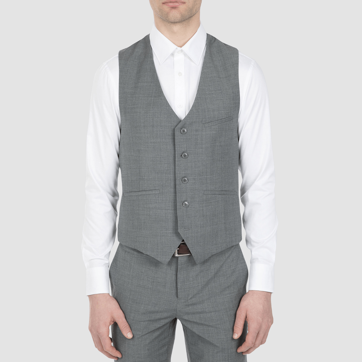 a close up view of the Uberstone slim fit tom vest in silver grey 3126 on a plain grey background