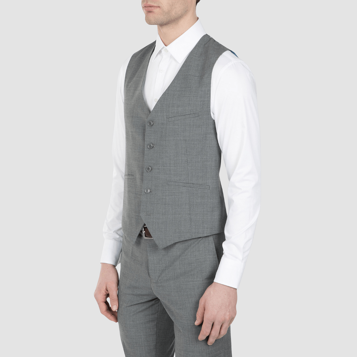 a close up view of the Uberstone slim fit tom vest in silver grey 3126 on a plain grey background