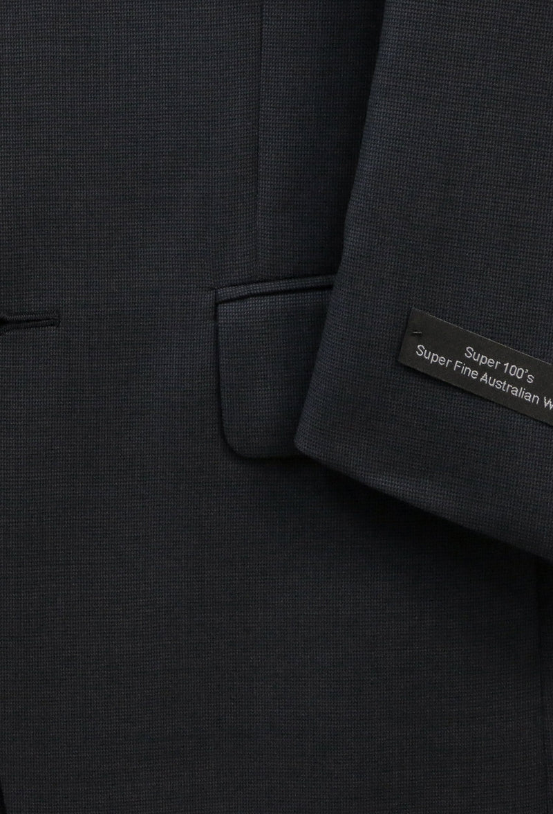 a close up of the fabric on the Boston classic fit michel suit in navy pure wool B704-03