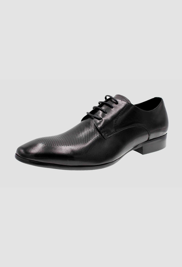 a buffalo leather lace up mens dress shoe in black with perforated feature