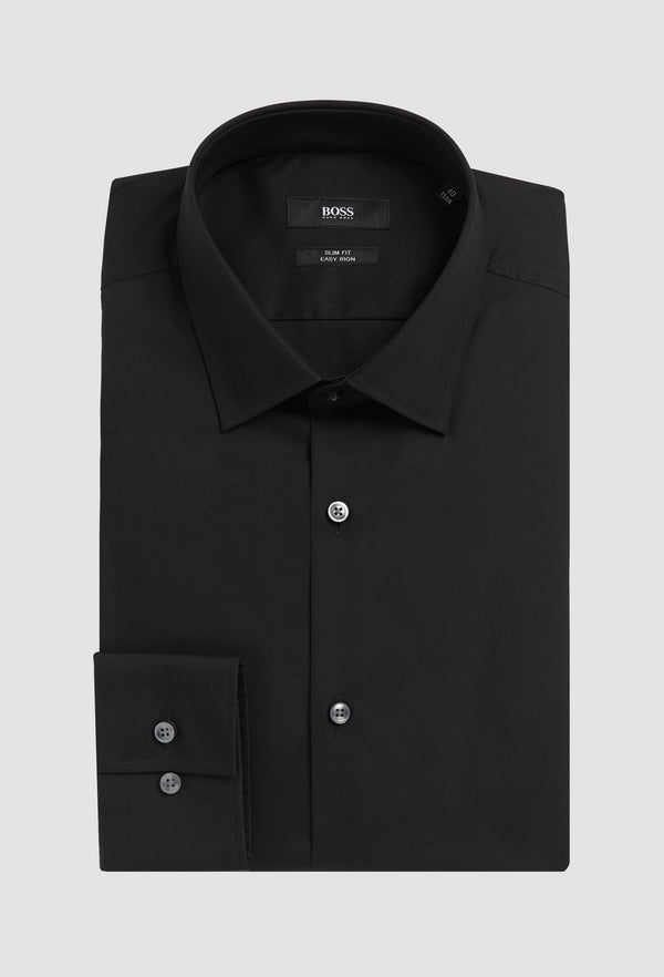 the Hugo Boss slim fit jenno business shirt in blue cotton poplin folded onto a grey background