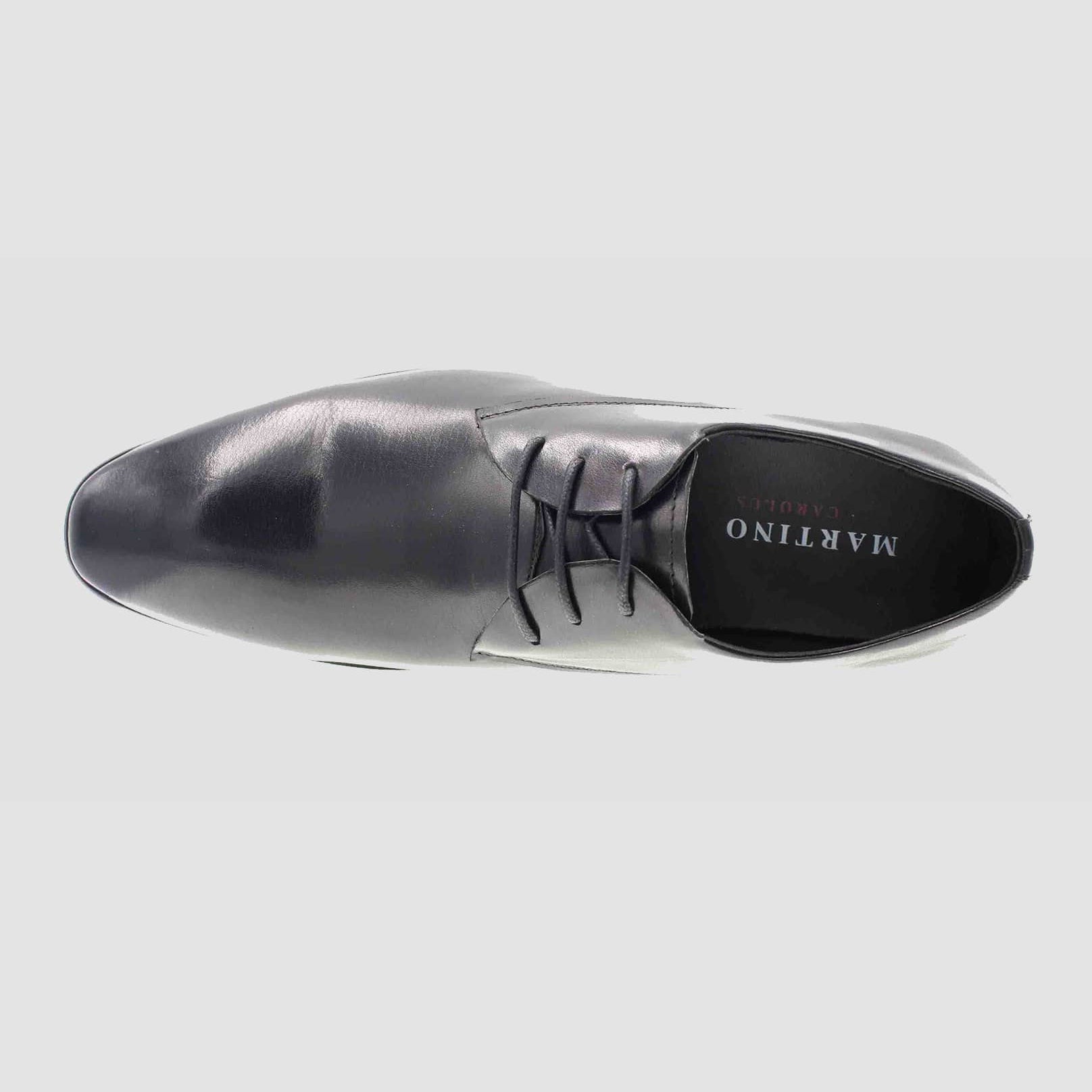 a birdseye view of the shoe shape and lace up detail of the martino carolus leather lace up shoe in black FM194B