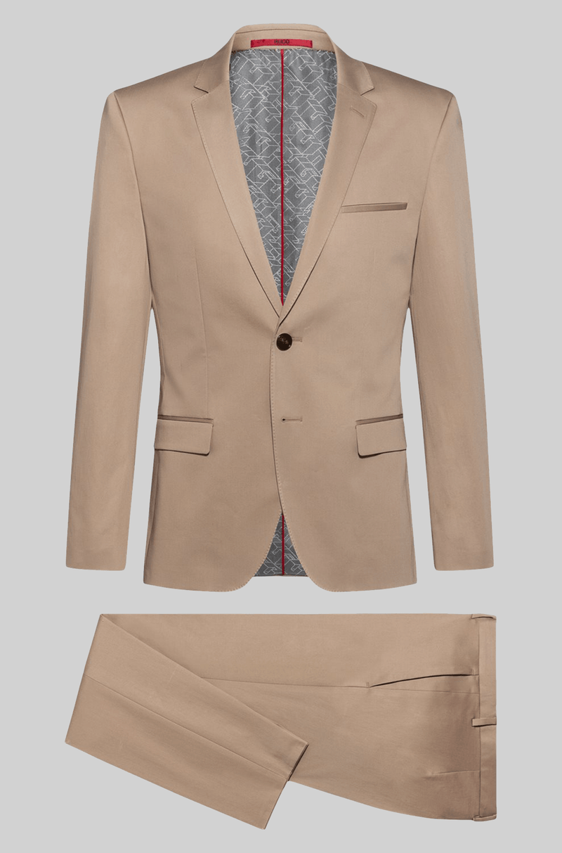 the slim fit hugo boss arti hesten mens suit in medium beige pure wool 50427397
