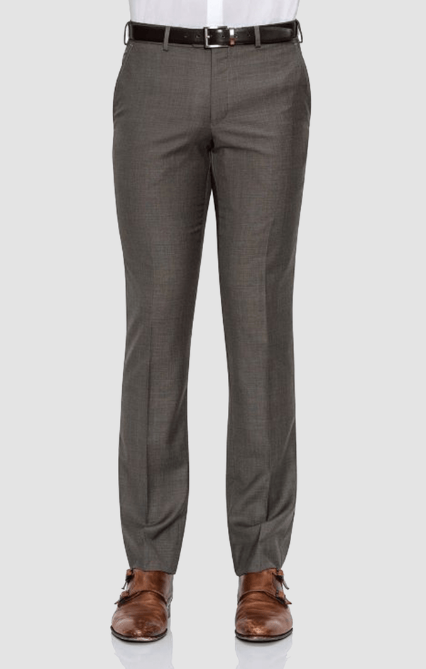 a front view of a model wearing the cambridge jett trouser in brown poly wool blend F2042 BROWN.