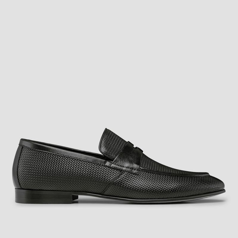a black leather mens loafer with an embossed cross stitch pattern through the leather