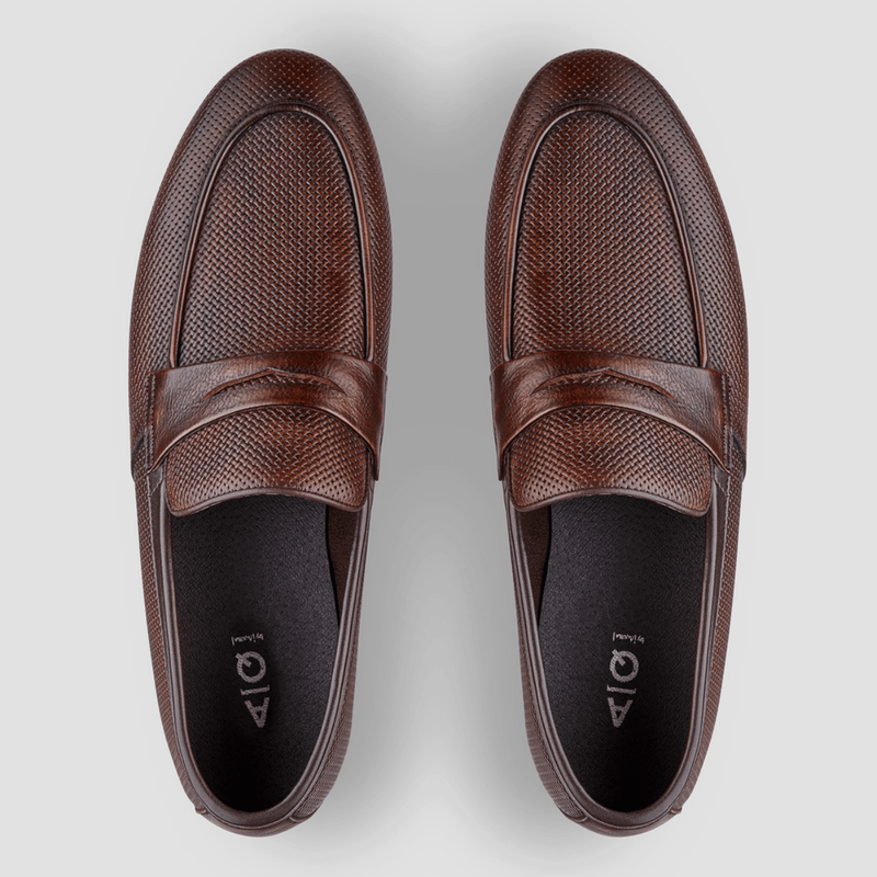 mens loafer from aquila shoes with tan embossed leather and quality details