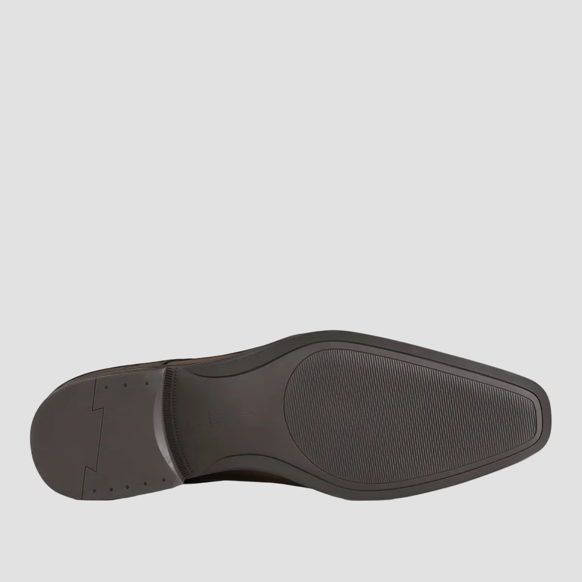 the rubber sole of the mens markus leather dress shoe in a dark brown