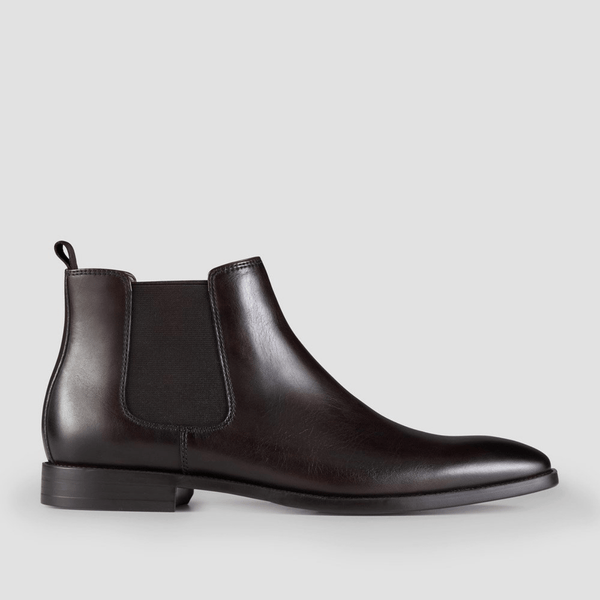 the side of the kinley mens leather boots in brown showing the elastic gusset and smooth leather finish