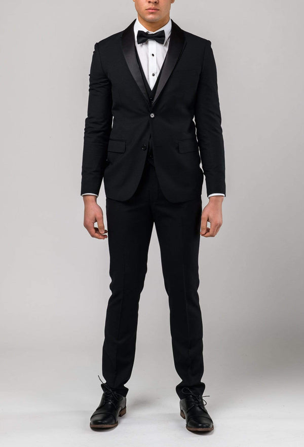 a front view of the Aston slim fit laneport dinner suit in black A019301S styled with a black bow tie and a white shirt