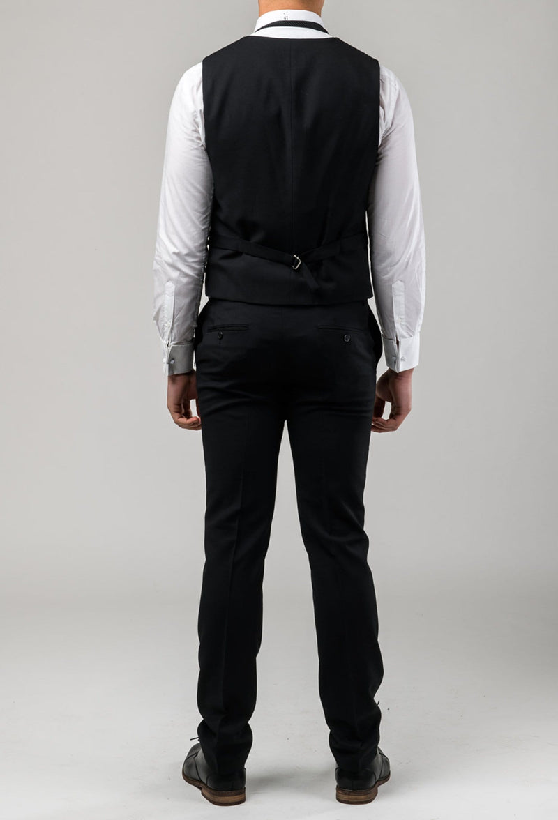 A view of the tab adjusters on the back of the Aston slim fit laneport vest in black A019301V