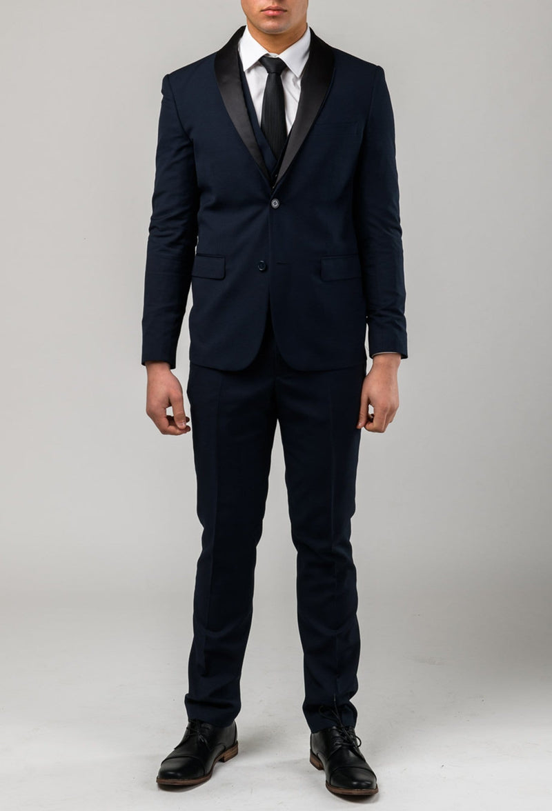 A full length view of the aston slim fit laneport suit in navy A049301S styled with a white shirt and a black tie